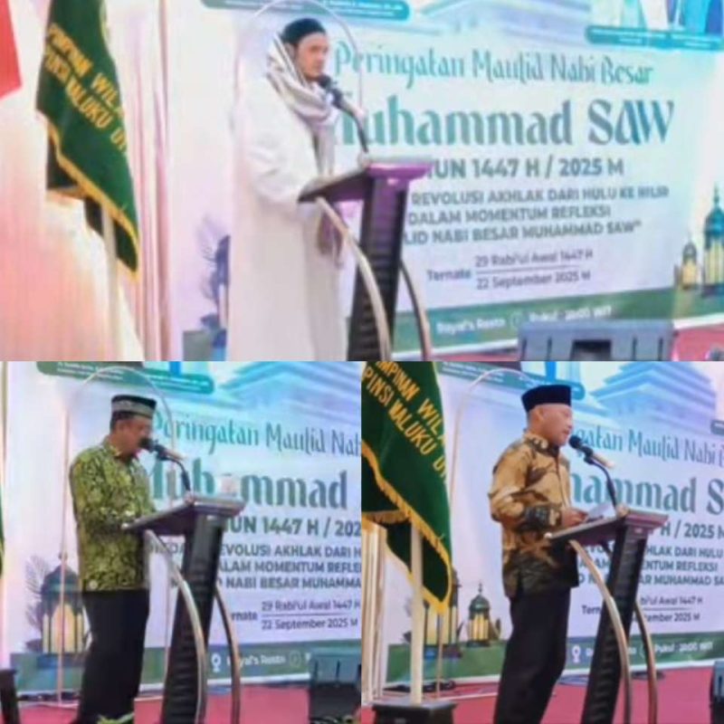 Habib Ali Bin Husen Bin Syeh Abubakar (atas), Ketua DMI Malut, H. Muhcsin Saleh Abubakar, S.H., M.H (kiri baw) dan Wagub Malut, KH. Sarbin Sehe (kanan bawa).