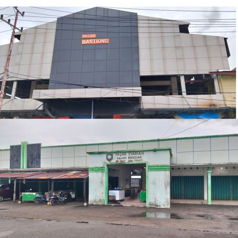 Tampak luar gedung pasar Bastiong dan gedung pasar Syariah Sasa