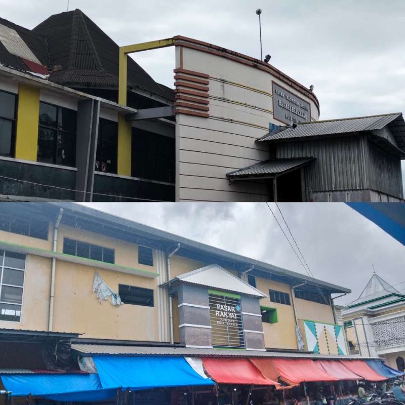 Tampak depan gedung pasar Higenis Bahari Berkesan dan gedung pasar Rakyat Dufa-dufa Kota Ternate 